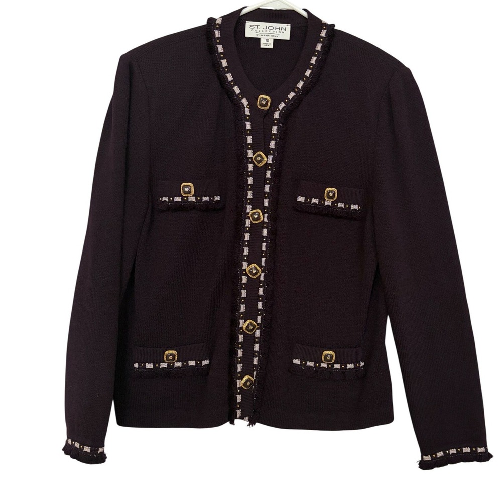 St John Collection Marie Gray Plum Purple Knit Fringe Button Jacket 10 career